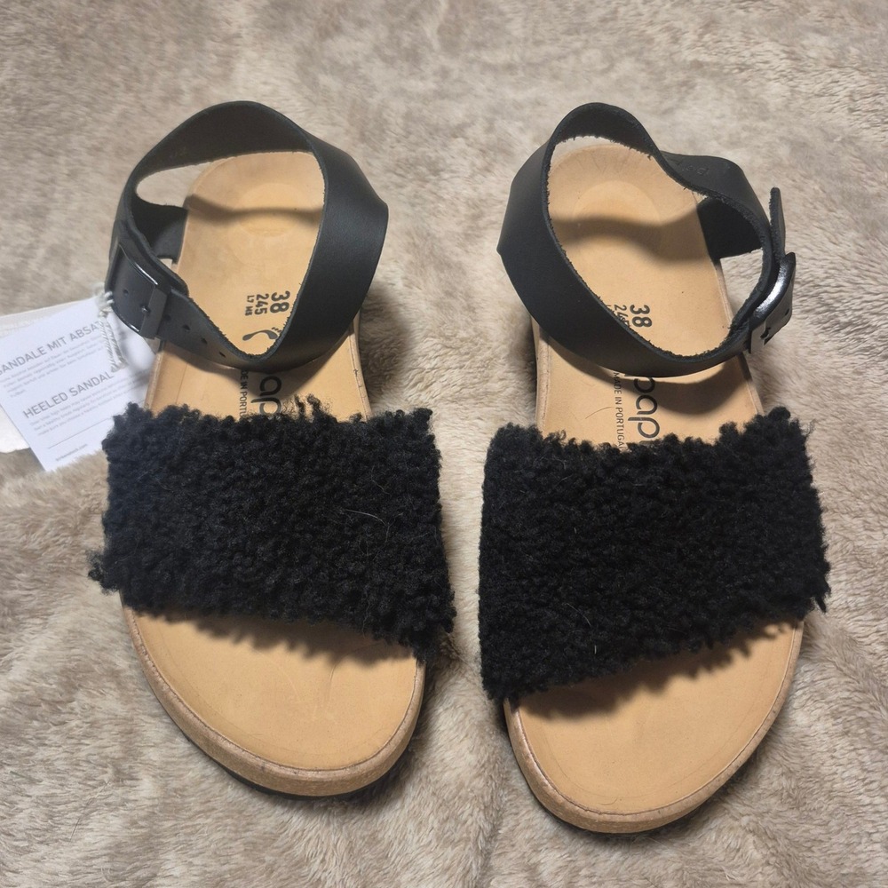 Papillio by Birkenstock Black Shearling Platform Heeled Sandals Size 38 EU